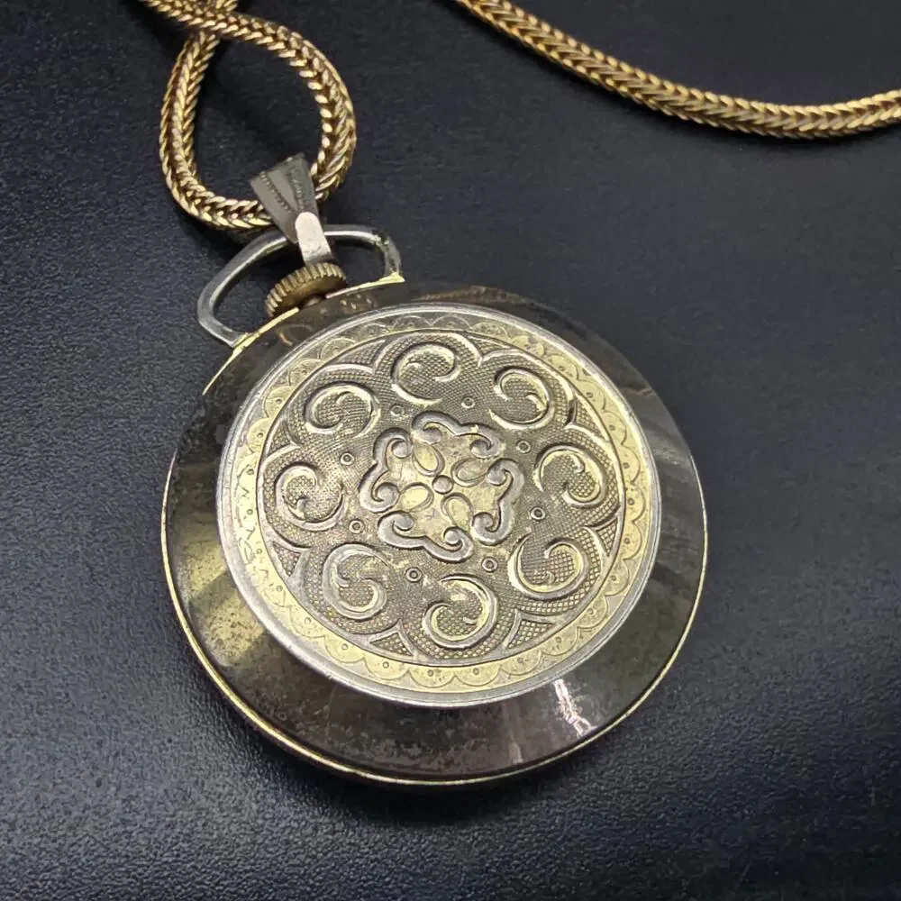 Vintage Harvester Watch Pendant Necklace Gold Tone Mechanical WORKS